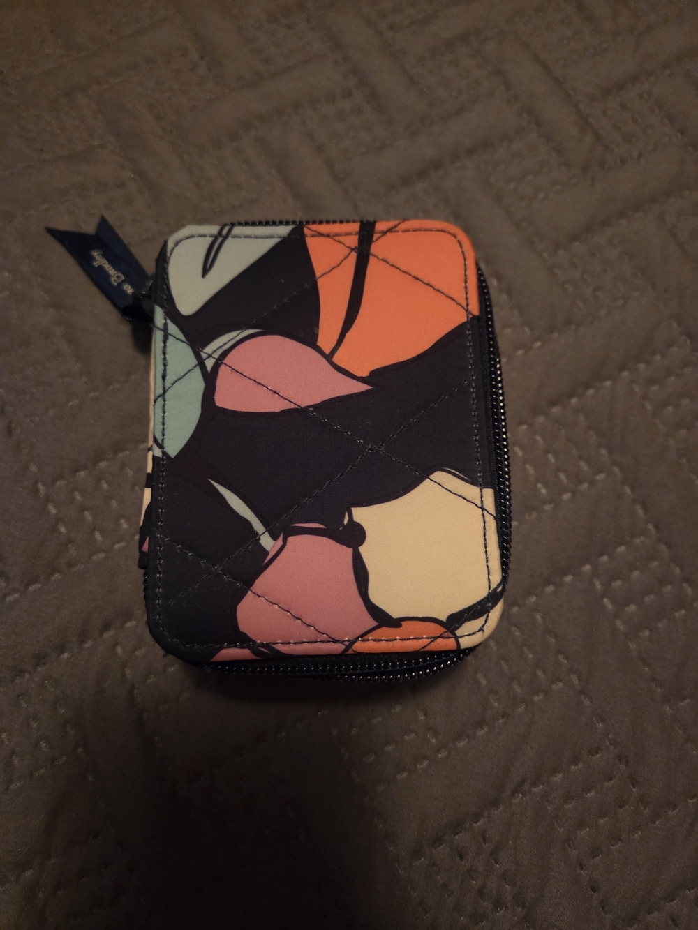 Quilted Floral Zip Pill Box in Black with Pink, Orange & Cream Accents